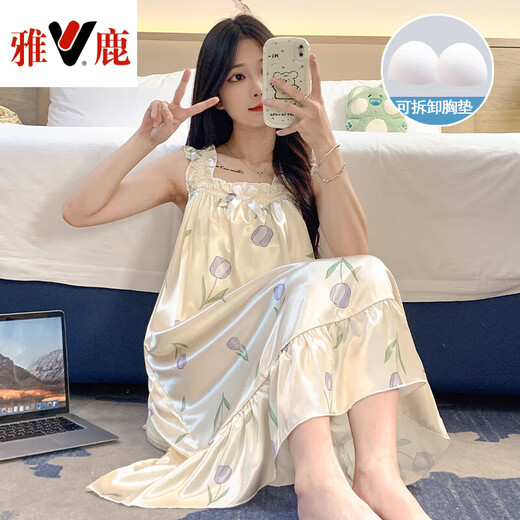 雅鹿睡裙女夏季自带胸垫冰絲凉感吊带睡衣夏天女士甜美可爱家居服春秋 3889不可拆胸垫 M 75-100斤