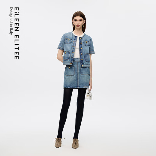 朗姿欧洲EiLEEN ELITEE2025秋新款时尚纯棉圆领短袖牛仔短外套女 藏蓝色 XL