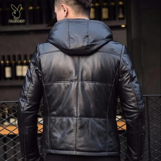 花花公子（PLAYBOY）2025冬季新款真皮质感皮衣男短款潮流修身夹克连帽加厚休闲外套男 黑色 2XL 180码-140-155斤