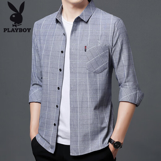 花花公子（PLAYBOY）纯棉长袖衬衫男2025春秋真口袋中年男装格子宽松大码衬衣 6626灰色【春秋】 薄款 M 165建议100-115斤