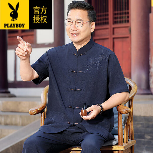 花花公子（PLAYBOY）爸爸夏季套装新款爷爷短袖新中式国风唐装男中老年人冰丝衣服 深灰色套装【上衣+长裤】 S 165/3890-115斤
