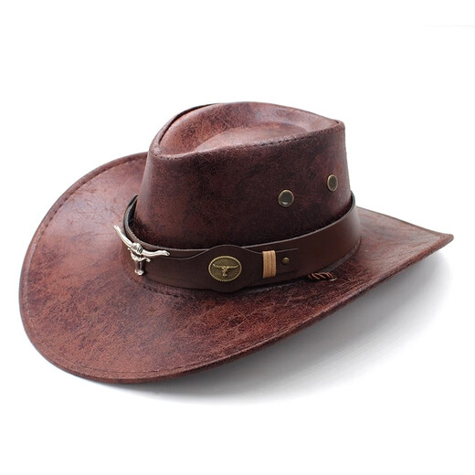 XINBUCKS Western Cowboy Hat Men and Women Minority Style Leather Leisure Travel Hat British Beach Sunshade Mountaineering Hat Black (Cow Head Label) Suitable for 55-60CM