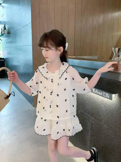 MOKITOUL鱼儿妈 女童套装2025夏装新款儿童短袖上半身裙清凉一夏两件套 米白色 140cm[建议身高135-145cm] 均码