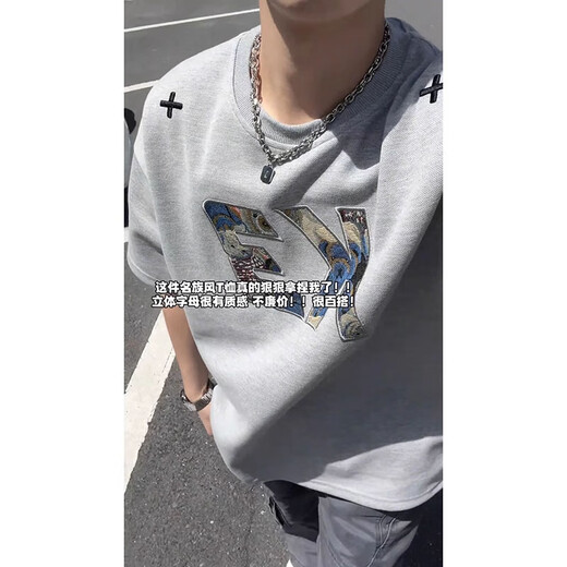 7家优品字母刺绣短袖男夏季美式小领口运动t恤潮牌高级感情侣半袖上衣服 CQS-1484黑色 M