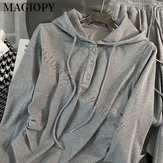 MAGIOPY国际奢侈高档品牌欧货灰色休闲运动套装女2025春季款时尚减龄长袖 黑色两件套 S(100斤以内)