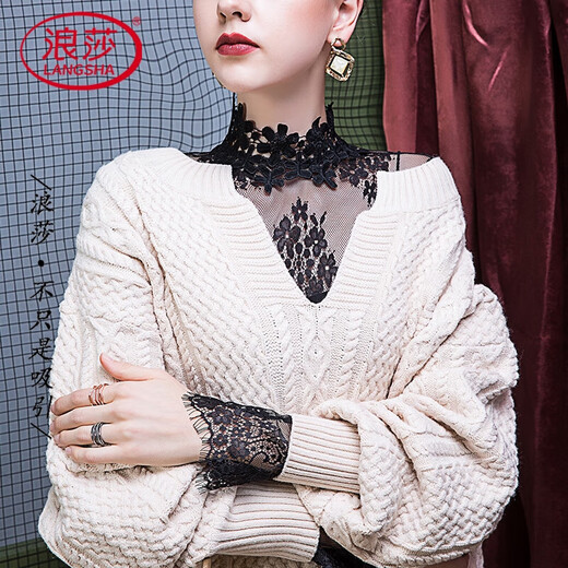 
Langsha spring stand-up collar base shirt for women lace inner mesh long sleeve temperament women's shirt loose top blouse black lace shirt 9193 L