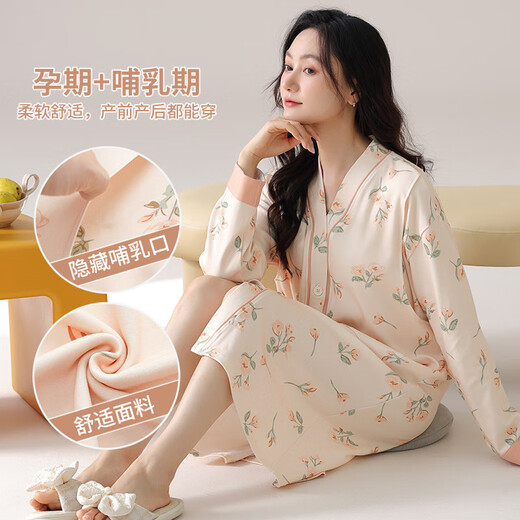 枫顾蓝秋冬新款仿棉女长袖套头月子服开衫睡裙孕妇产后哺乳期休闲 HD-3881 2XL 码(140-160斤)
