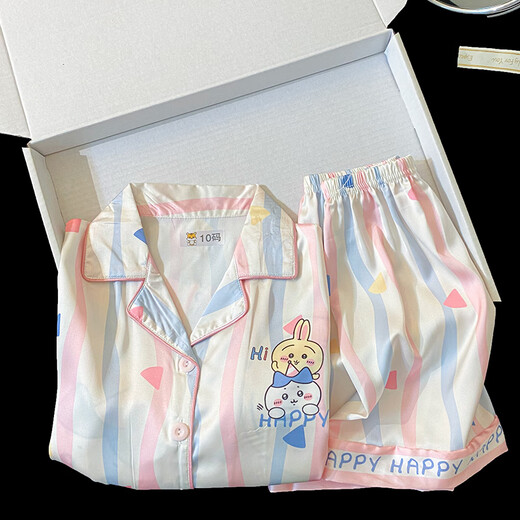 Ice Silk Children's Pyjamas für Frauen im Sommer Dünn 2025 neuer Stil für Mädchen USAqi Cartoon Girls Zwei-teilige Heimkleidung 6628# Zweiteiler Set [Short Sleeves + Shorts] 100 [8 Größen] 100-110 cm 30-40jin [Jin gleich 0,5 kg]