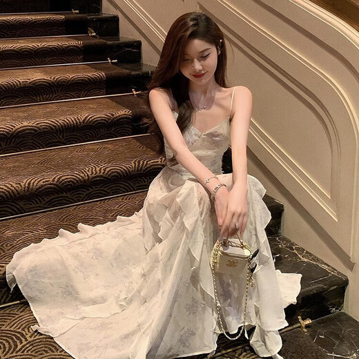 FOX.G skirt new suspender dress women summer 2025 new clothes women's small French pure desire long skirt ink floral ruffle dress L recommended 110-120Jin Jin equals 0.5 kg