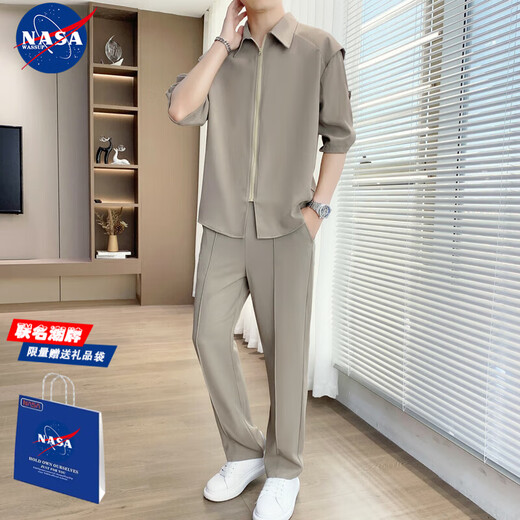 nasawassup时尚潮流男装一整套轻熟痞帅搭配商务休闲显瘦西裤男士套装夏季 718卡其色(七分袖) M 建议90-110斤