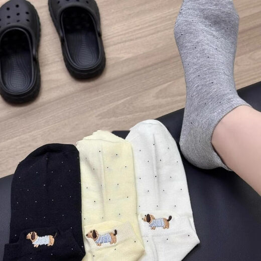 雅鹿可爱小狗短袜女夏薄款卡通日系不掉跟船袜夏天潮刺绣浅口学生棉袜 1白色1粉色1奶黄1蓝色1灰色 5双 均码 【卡通可爱/凉感透气】