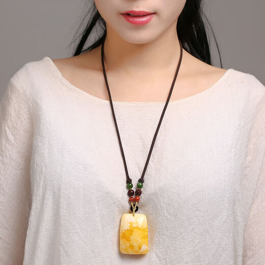 Mu Huanshi wax beeswax pendant sweater chain natural amber raw stone chicken fat yellow water drop necklace for men and women (with national inspection certificate) black material water drop pendant with fashionable cotton rope style