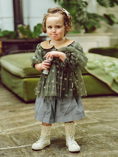 LELE JOV Elelejove Nordic style girls' crew neck shirt spring and autumn style princess mesh top baby girl sweet baby doll shirt light golden brown 90 cm