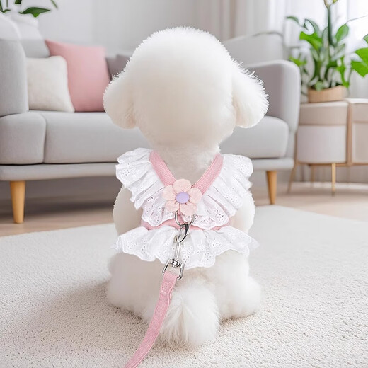Amor's new dog leash, cute little flower skirt, breathable harness, Teddy Pomeranian pet cat, for summer outing, denim pink, Korean style, small flower harness + 1.5m rope