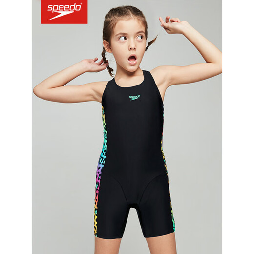 速比涛（Speedo）儿童平角泳衣舒适抗氯防晒女孩训练比赛连体游泳衣 黑色/电光粉8-12392G720 160 80(15-16岁)