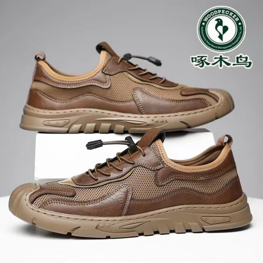 Sandalias de carpintero de carpintería para hombres Summer 2025 Nuevos zapatos de malla de malla Cuerpo de cuero de cuero genuino para hombres zapatos de senderos al aire libre transpirables 6628 marrón [colección y compra de envío prioritario] 40