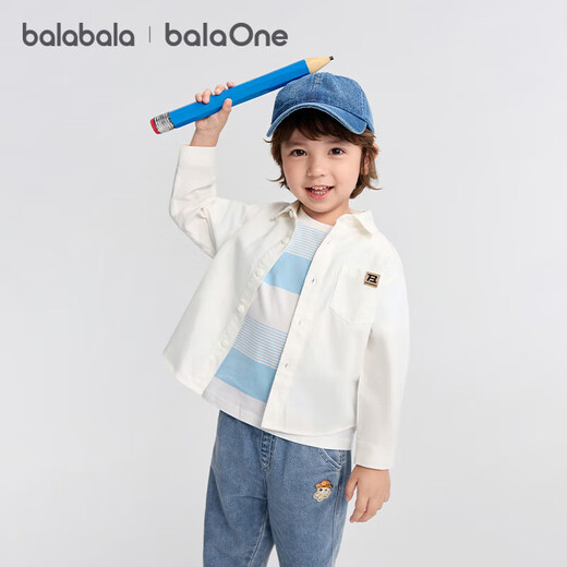 Balabala children's shirt boys long-sleeved parent-child wear 2025 new autumn wear fully brushed college style loose and versatile skin-friendly white 10101 90
