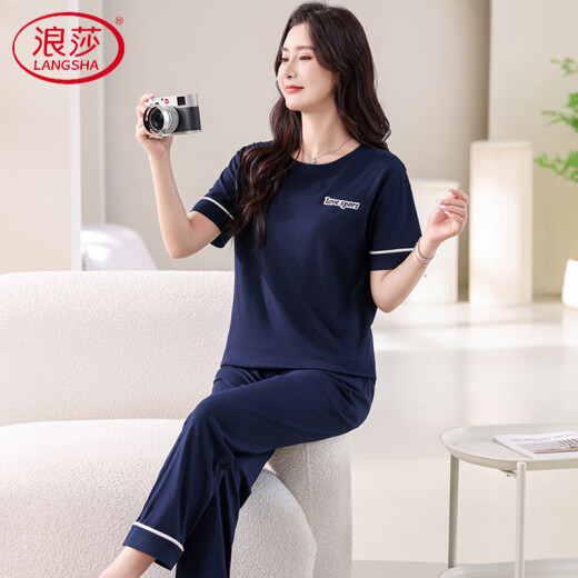 浪莎（LangSha）高档睡衣女纯棉短袖薄款2025年新款夏天休闲棉可外穿长裤家居服 7374豆绿 无胸垫 M 80-100斤