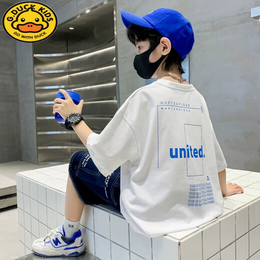G.DUCKKIDS boys T-shirt summer pure cotton short-sleeved children's street dance trendy summer half-sleeved 2025 big children's street loose top CT683# blue 100 [Suggested 90-100 cm]