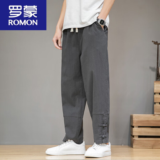 Romon chinesische Stil Falten -Wäsche Herrenhosen Sommer loser Harem Hosen Tang Anzug Baumwollwäsche Casual Hosen Straighthose grau [MK983 Striped Style] M -120jin [Jin ist 0,5 kg]