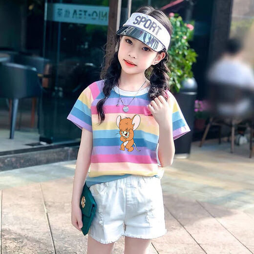 HARROW Little Duck Children's Clothing's Girls T-shirt à manches courtes pour les vêtements d'été pour femmes NOUVEAUX COTTON MIDE MIDE LAGE LES BRAINES DE RAI-COSE RAI-COLUVE LOBE À MANDE LOBLE INS RAINBOW 684 130 [42-50JIN [Jin est égal à environ 0,5 kg]]]