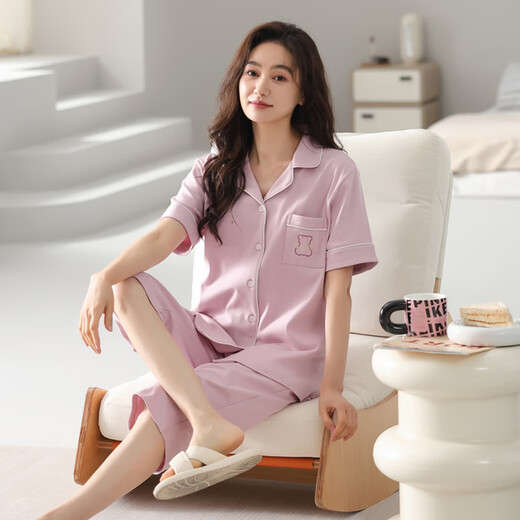 澳颜莱2025新款睡衣女夏季薄款棉短袖七分裤家居服女士夏天可外穿套装 9893# M 【建议80-斤】
