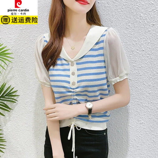
Pier Cardin ice silk sweater for women 2025 summer new striped base shirt summer short-sleeved T-shirt drawstring yarn sleeve top thin DX826# black and white stripes S recommended 80-99Jin [Jin equals 0.5 kg]