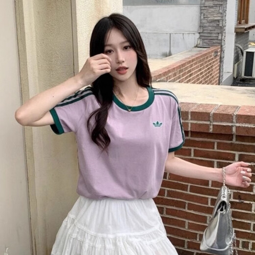 阿迪达斯 （adidas）经典复古刺绣条纹紫罗兰休闲圆领短袖T恤女 DU9893 紫罗兰 du9893 M