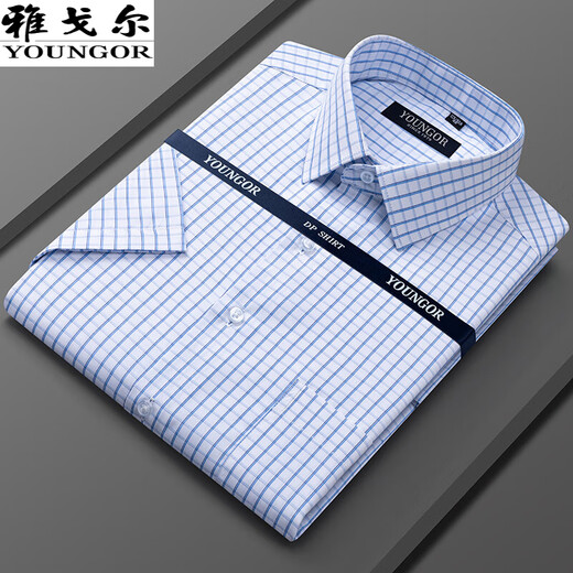 雅戈尔官方旗舰店100%纯棉短袖衬衫男士夏季高端休闲职业正装免烫白衬衣 DX6621【紫宽条纹】 41  【建议145-160斤】