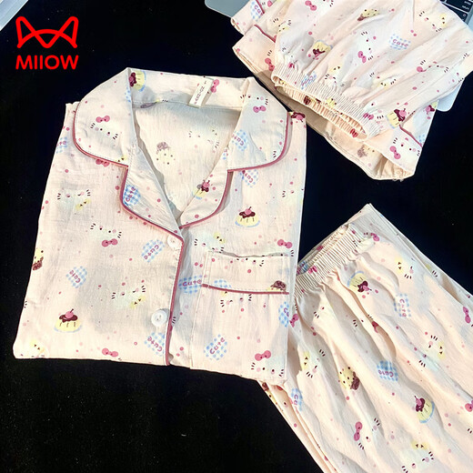 Catman (MiiOW) summer fresh cloud pure cotton yarn pajamas for women in summer short-sleeved student cute cardigan three-piece set home clothes Yunduo Cotton-9905# black love three-piece set M [Suggestion 75-100Jin [Jin equals 0.5 kg]]