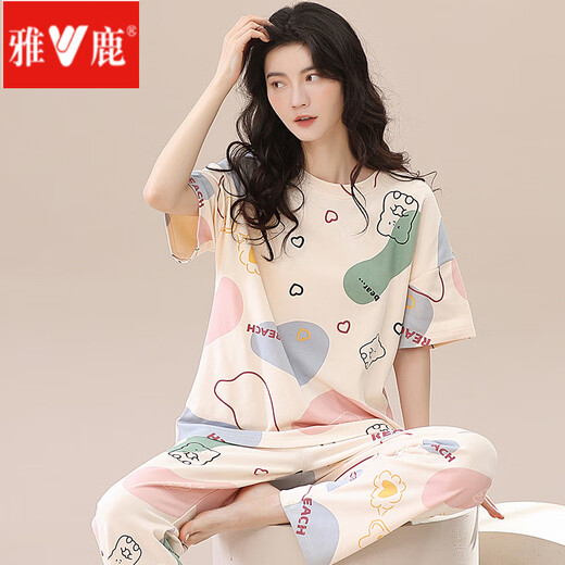 雅鹿2025年新款睡衣女夏棉短袖长裤春秋夏款女士家居服薄款两件套装 ZH-9720 M