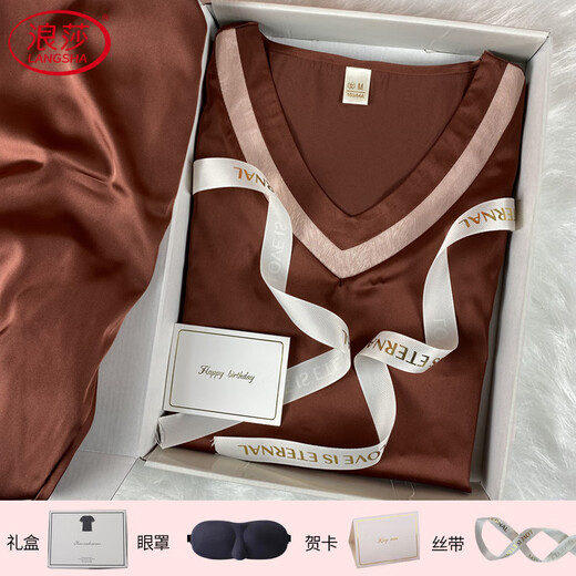 浪莎（LangSha）桑蚕丝睡裙女款睡衣夏季新款高级感短袖性感连衣裙七夕情人节礼物 白橡色 9923 L 165L