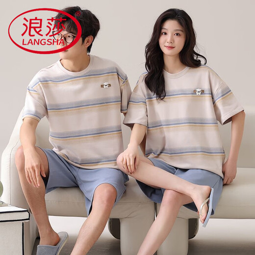 浪莎（LangSha）情侣睡衣夏季薄款纯棉短袖女士卡通可爱大码男士可外穿家居服套装 旗舰店-844 M 单女: