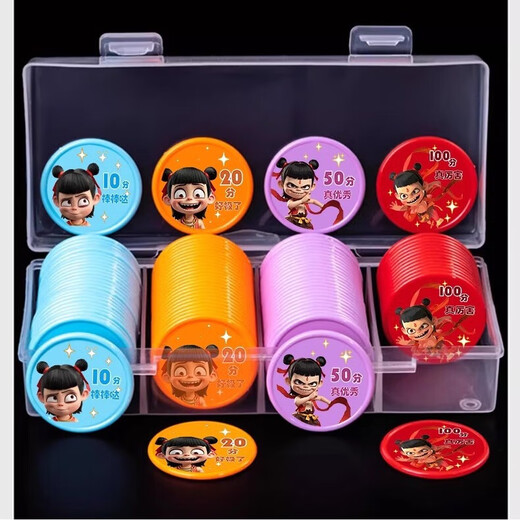 He Jiagong Punktemünze für Kinder, Familie, Training, Klasse, Schule, Belohnung, Magic Boy Naohai, Kunststoff, waschbar, einlösbar, Lernmünze, Magic Boy Naohai – 7 Stile gemischt mit 100 Stück und kostenloser Aufbewahrungsbox