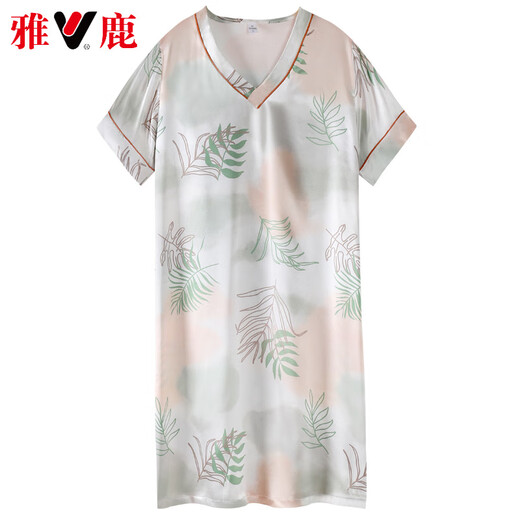 雅鹿高档2025年真丝睡裙女款夏季缎面短袖性感家居服宽松薄款可外穿 白橡色 9923 M 160