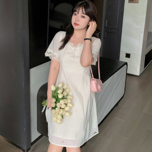 Slightly fat mm solid color temperament lace edge square collar dress for women 200 Jin [Jin equals 0.5 kg] plus size small belly-covering skirt 1391 picture color XL 120-140 Jin [Jin equals 0.5 kg]