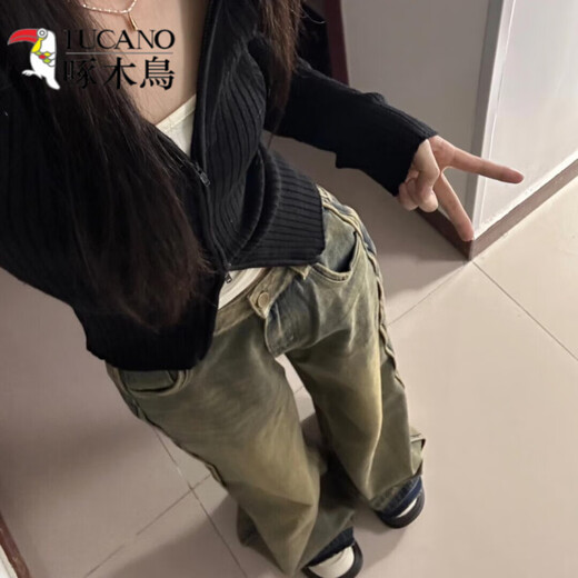 Veste tricotée de pull noir de pic (Tucano) pour les femmes au printemps et automne 2025 Nouveau cardigan à fermeture éclair double mince slim.