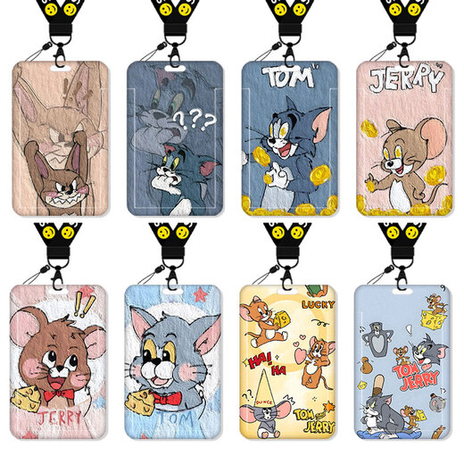 Miru Cat and Mouse Card Set Meal Card Campus Card Bus Card Student Water Card Work Card Work Card Certificate Set School Card (Card Set + White Short Leather Rope) KA12804