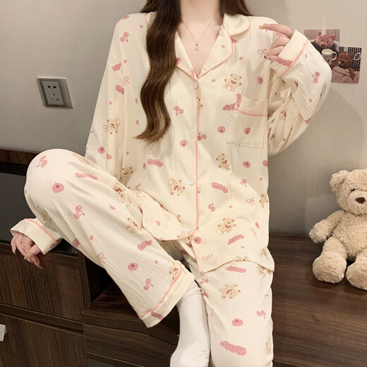 
Catman MiiOW Gentle Style Girl Love Cardigan Pajamas Can be worn outside in spring new wrinkled cloth home clothes long-sleeved suit KK3527# M [Suggested 80-100Jin [Jin equals 0.5 kg]]