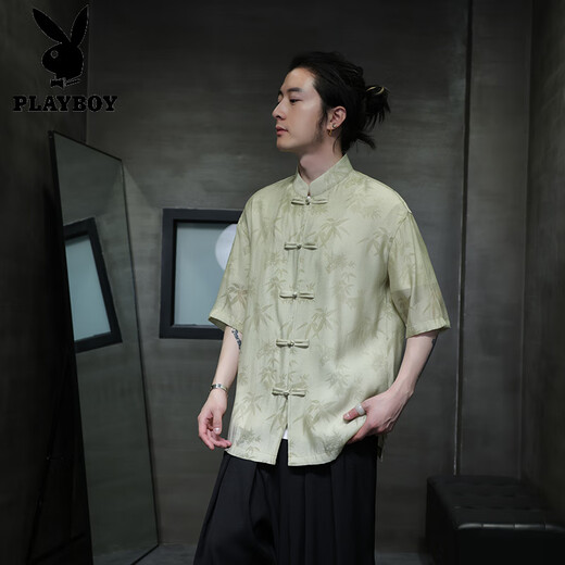 Playboy (Playboy) Summer delgado Camisa de manga corta Nuevo estilo chino Estilo antiguo Botón Tang Suit Men's Chinese Bamboo Leaf Top Zhongshan Suit CS9898 Negro 5xl