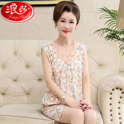 浪莎纯棉睡衣女款无袖吊带背心短裤韩版中老年妈妈夏季薄款全棉家居服 9721开衫 M 适合80-100斤