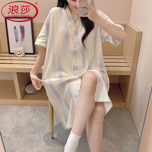 Langsha Sommer-Stricksalz-Nachthemd mit Brustpolstern lose und schlanker chinesischer Stil bedrucktes süßes und sexy Kleid-Pyjamas mittelgroß 5155 Nachthemd mit Brustpolstern] M empfohlen 80-95 Jin [Jin gleich 0,5 kg]]