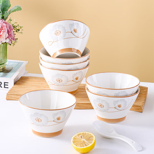 Ceramic bowl for home use 2024 new style festive housewarming new home dishes and tableware set years of peace and quiet rice bowl years of peace and quiet 6-piece bamboo hat bowl 5 inches