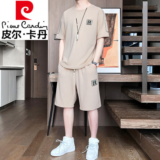 Pierre cardin men's short-sleeved T-shirt 2025 new fashion trend casual sports suit loose versatile simple breathable half-sleeved [Set] 829 khaki L recommended 120-140 Jin [Jin equals 0.5 kg]