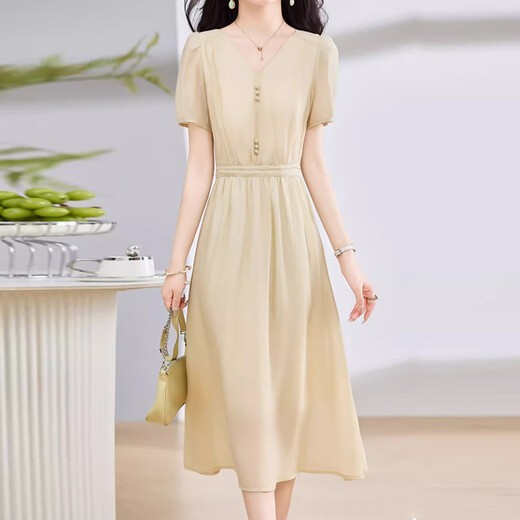 
XAE luxury high-end brand short-sleeved dress for women 2025 summer new French V-neck temperament waist-hugging slimming skirt Pink L