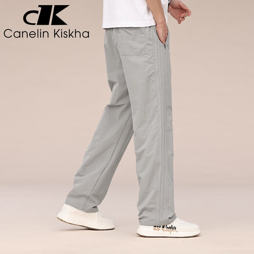 Canelin Kiskha高端美式阔腿工装裤男2025春夏新款宽松大码直筒复古休闲长裤子男 浅灰 L 适合130-150斤