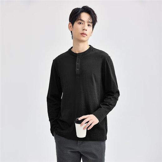 Giordano Henry shirt men's autumn and winter new pure cotton solid color bottoming shirt Henry collar long-sleeved T-shirt men 13025615 66 logo military blue L