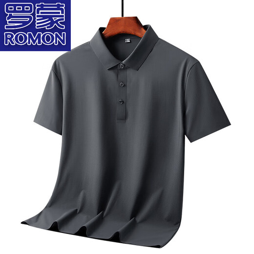 
ROMON (ROMON) light and breathable ice silk polo shirt for men's solid color lapel T-shirt for men's middle-aged and young casual business short-sleeved T-shirt 6629 dark gray 5XL