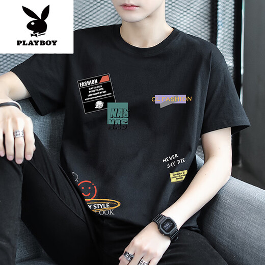 花花公子（PLAYBOY）棉短袖t恤男夏季青少年初中学生体恤男生休闲印花半袖上衣新品 9902黄色 3XL (约155-170斤可穿)