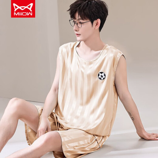 Catman (MiiOW) summer ice silk pajamas for youth thin extra-large size men's vest sleeveless shorts home clothing set 9901 ice silk M men's style 80--100Jin [Jin equals 0.5 kg]